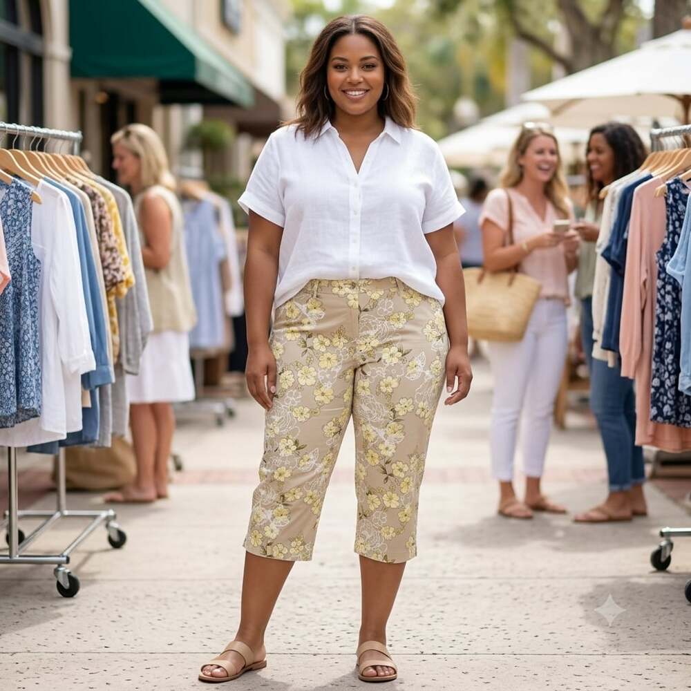 Geoffrey Beene Women's Stretch Floral Print Capri Pants Tan Yellow C105LM